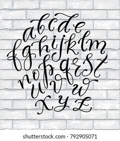 Handwritten Script font on brick wall. Hand Lettering and Custom Typography art for Designs: Logo, Cards, etc. Vector Brush typeface.