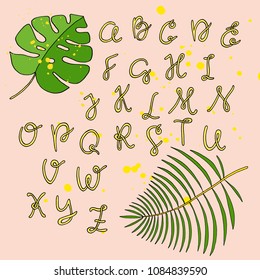 Handwritten Script font with stylish and trendy palm leaves. Hand drawn vector alphabet with the theme of the tropics. Hand lettering alphabet design, handwritten modern calligraphy cursive font. 