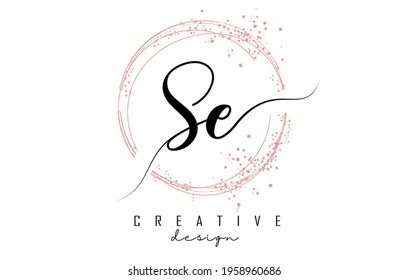 Handwritten SE S E letter logo with sparkling circles with pink glitter. Decorative vector illustration with S and E letters.