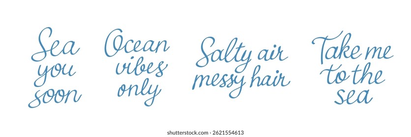 Cotações marinhas escritas à mão em azul sobre fundo branco. Frases de caligrafia de verão: "Sea you soon", "Ocean vibes only", "Take me to the sea" e "Salty air messy hair". 