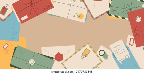 Handwritten sealed letter and mail background template, trendy style handwritten postcard, cartoon handmade envelope illustration with wax seal, flat paper post card design concept.