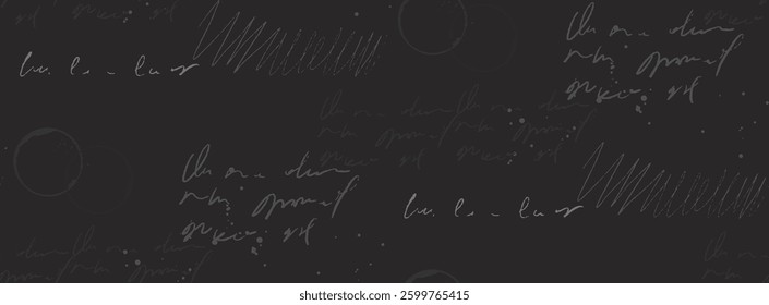 Handwritten seamless script text pattern with abstract coffee stains. Grunge background of journal page, writing notes, horizontal banner design.