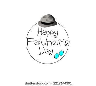 handwritten sentence happy father's day, with elements of hats, glasses, white background