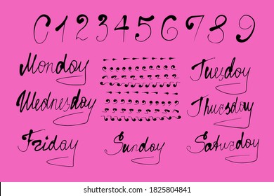 Handwritten set of days of the week, numbers from zero to nine, separators. Template for diary, calendar, planner, business, scrapbooking to make a worksheet. Vector.