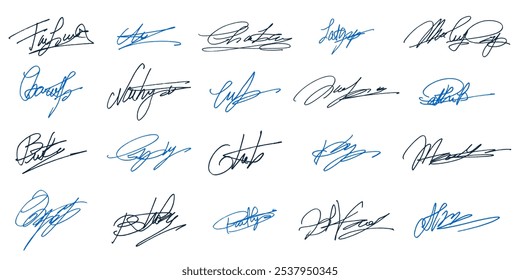 Handwritten Set of Fake Ink Scribble Signatures Isolated on White Background. Set of Unique Inked Autographs in Scribble Style.