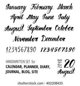 Handwritten set include twelve months and all numbers for design example calendars, planners, diaries, blogs, sites, journals