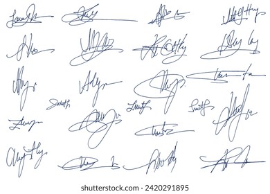 Handwritten set of inked autographs. Collection of imaginary scribble signatures. 