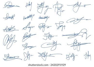 Handwritten set of inked autographs. Collection of imaginary scribble signatures. 