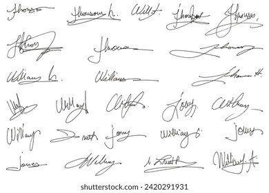 Handwritten set of inked autographs. Collection of imaginary scribble signatures. 