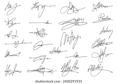 Handwritten set of inked autographs. Collection of imaginary scribble signatures. 