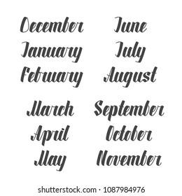 Handwritten set of names of 12 months - December, January, February, March, April, May, June, July, August, September, October, November. Vector illustration. Objects isolated on white background.