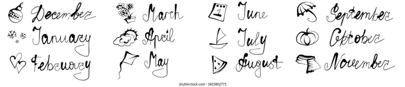 Handwritten set of names of the month and symbolic images of them. Template for diary, calendar, planner, business, scrapbooking to make a worksheet. Vector. Winter summer Spring Autumn