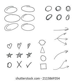 Handwritten set of objects, cicles, bubbles, arrows, hearts, stars, square, check mark and cross mark for planning and mapping