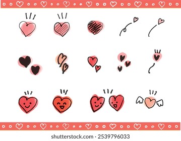 Handwritten set of various hearts, red and pink