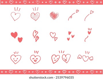 Handwritten set of various hearts, red and pink