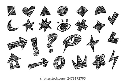 Handwritten shaded symbols, shapes and signs. Twenty five randomly drawn doodles and squiggles on white background. Vector set