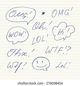 Handwritten short phrases. OMG, WOW, Oh, WTF, Thx, LOL