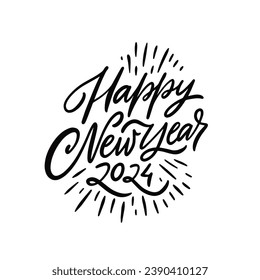 Handwritten sign Happy New Year 2024. Vector art illustration phrase isolated on white background.