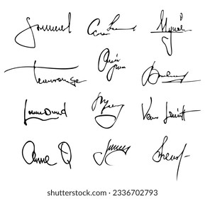 Handwritten signature. Doodle name autograph sketch for diploma and certificate. Hand drawn name on document vector set. Unique personal sign for official legal agreement or business document