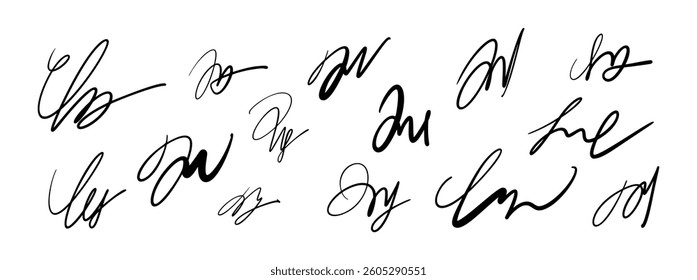 Handwritten signature name sign with random letter forms. Fake autograph for contract or document use. Flat vector illustration isolated on white background.