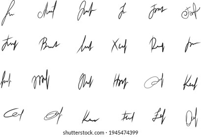 Handwritten signatures set. Fictitious signatures for business contract. Vector EPS 10 collection