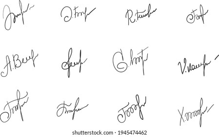 Handwritten signatures set. Fictitious signatures for business contract. Vector EPS 10 collection