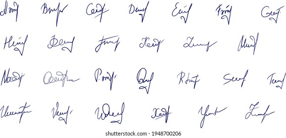 Handwritten signatures set. Fictitious signatures for business contract. Vector EPS 10 collection