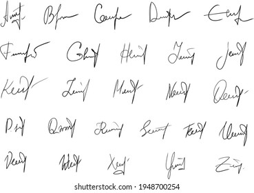 Handwritten signatures set. Fictitious signatures for business contract. Vector EPS 10 collection