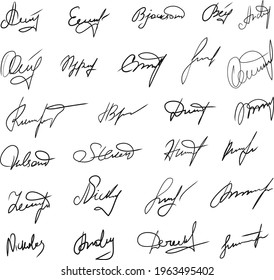 Handwritten signatures set. Fictitious signatures for business contract. Vector EPS 10 collection