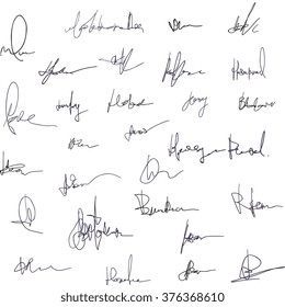 Handwritten signatures, signature icons set, fictitious autograph, isolated on white background, vector graphic.