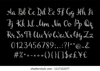 Handwritten silver script for for quotes, feminine logos, wedding and invitation, save the date cards. Luxury regular font with letters, numbers and punctuation marks. Vector illustration.