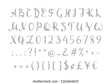 Handwritten silver script for for quotes, feminine logos, wedding and invitation, save the date cards. Luxury uppercase regular font with letters, numbers and punctuation marks. Vector illustration.