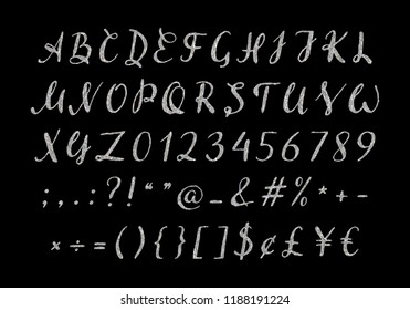 Handwritten silver script for for quotes, feminine logos, wedding and invitation, save the date cards. Luxury uppercase cursive font with letters, numbers and punctuation marks. Vector illustration.
