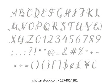 Handwritten silver script for for quotes, feminine logos, wedding and invitation, save the date cards. Luxury uppercase cursive font with letters, numbers and punctuation marks. Vector illustration.