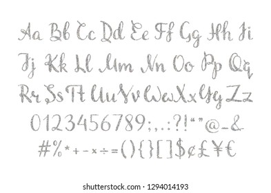 Handwritten silver script for for quotes, feminine logos, wedding and invitation, save the date cards. Luxury regular font with letters, numbers and punctuation marks. Vector illustration.