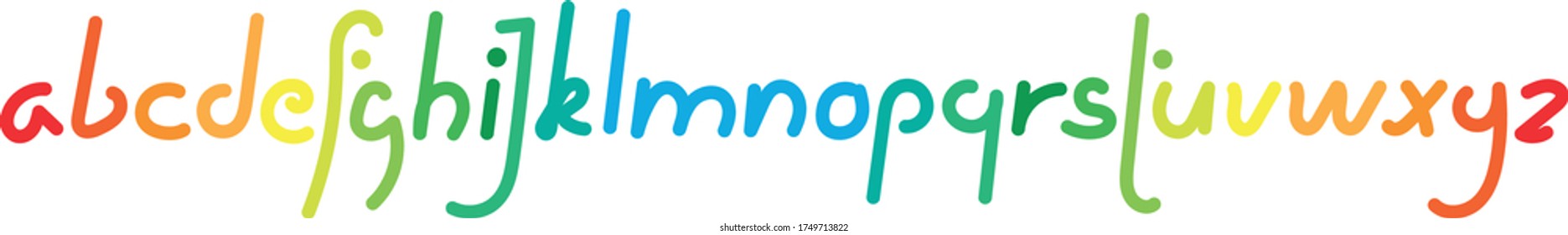 Handwritten simple minimalistic font. Lowercase cursive clipped letters. Lettering. Rainbow letters on a transparent or white background. For cards, posters, banners, articles or sites. EPS 10 vector
