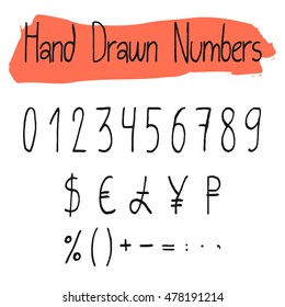Handwritten simple vector numerals set. Handdrawn thin numbers, percent, currency and math signs. Black symbols shapes isolated on white background.