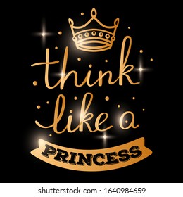 Handwritten sparkle vector princess words with crown on black background. Beautiful shine golden color calligraphic inscription. Hand drawn lettering tshirt, sticker, poster, card design