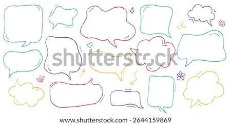Handwritten speech bubble collection in crayon and chalk style. Cute pastel talk clouds for kids with pencil drawn dialog frames. Childlike text boxes and doodle balloons in Japanese kawaii theme.
