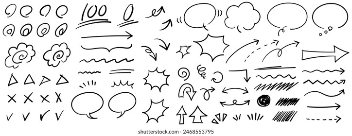 Handwritten speech bubble and test scoring material icon set, vector illustration