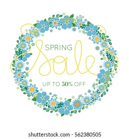 Handwritten Spring Sale Blue Flowers Wreath