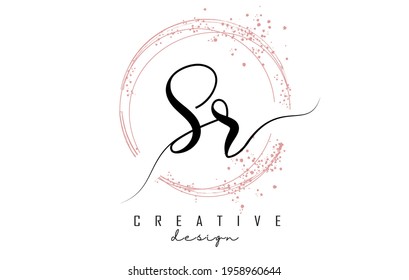 Handwritten SR S R letter logo with sparkling circles with pink glitter. Decorative vector illustration with S and R letters.