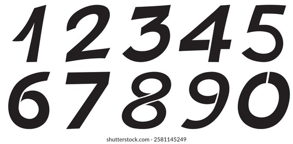 Handwritten stencil numbers from zero to nine. Black on white