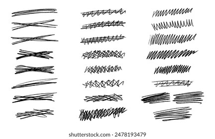 Handwritten strikethroughs, doodles and scribbles. Twenty-five randomly drawn squiggles on white background. Vector set