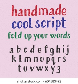 Handwritten style cool typeface. Isolated english alphabet of grainy texture. Fashion font of lowercase letters.