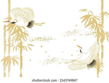 Handwritten style crane and bamboo background illustration
