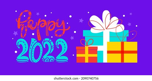 Tipo de letra manuscrito, tarjeta de texto. Árbol de Año Nuevo y tema de Navidad. Ilustración vectorial en un estilo plano