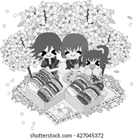 The handwritten style illustration of family who opens a lunch under the flower tree