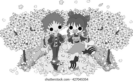 The handwritten style illustration of man and woman who walks the avenue of the trees