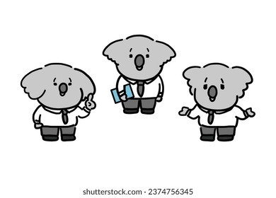 Estilo escrito a mano koala juego de caracteres de los trabajadores de oficina hablando.